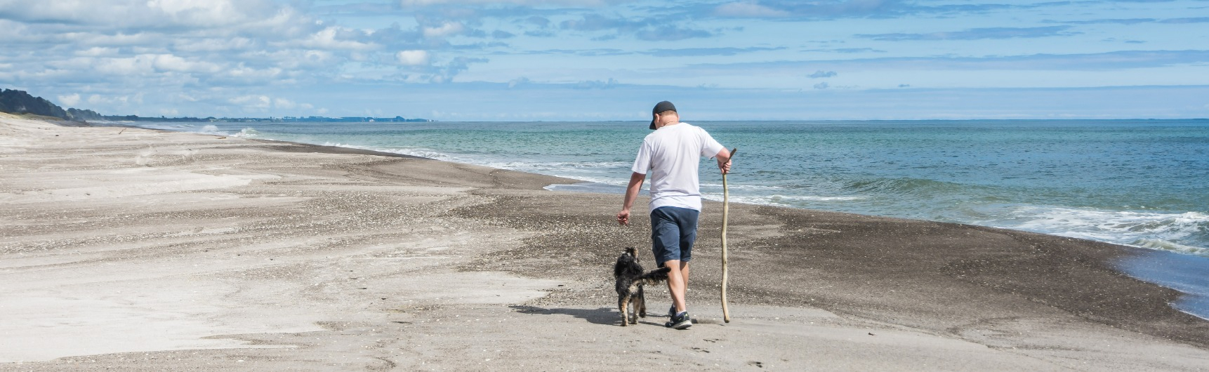 Man walking dog on beach